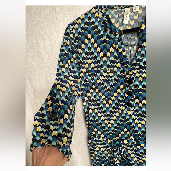 tacera women green Zig Zag Print button up shirt dress size L - Picture 15 of 16